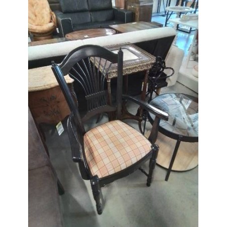 FAUTEUIL DE CHEMINÉE BOIS NOIR LAQUÉ DOSSIER LYRE ASSISE CAPITONNÉ TISSU ORANGÉ 