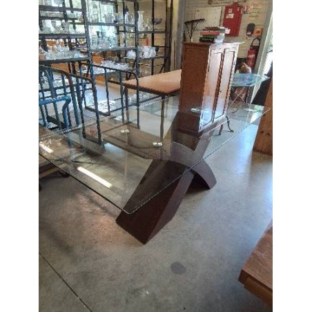 TABLE  RECTANGULAIRE PIÈTEMENT BOIS PLATEAU VERRE 189X90X77CM