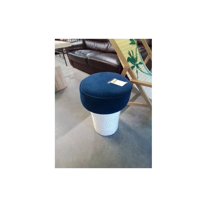 POUF CORDAGE TRESSÉ BLANC ASSISE TISSU BLEU