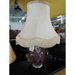 LAMPE CÉRAMIQUE AU PAON AJ VOLANT A FRANGES STYLE ASIATIQUE 