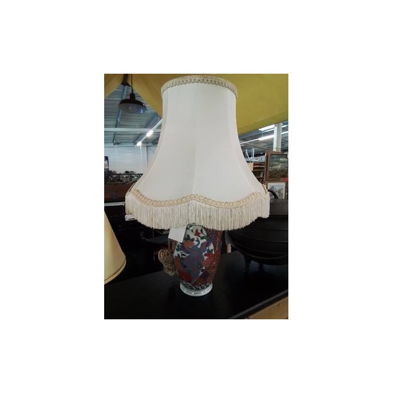 LAMPE CÉRAMIQUE AU PAON AJ VOLANT A FRANGES STYLE ASIATIQUE 