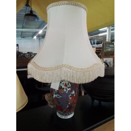 LAMPE CÉRAMIQUE AU PAON AJ VOLANT A FRANGES STYLE ASIATIQUE 