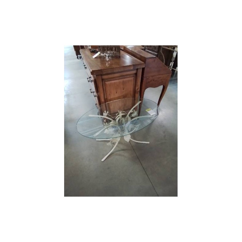 TABLE BASSE OVALE PIÈTEMENT MÉTAL BLANC AUX FEUILLES PLATEAU VERRE 