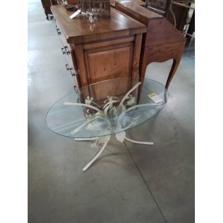 TABLE BASSE OVALE PIÈTEMENT MÉTAL BLANC AUX FEUILLES PLATEAU VERRE 
