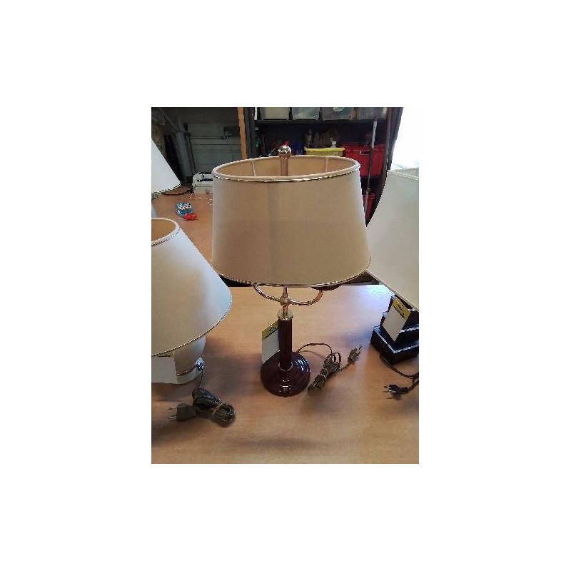 LAMPE COLONNE RESINE GRENAT ET LAITON AJ ECRU LISERÉ DORÉ 2 FEUX 