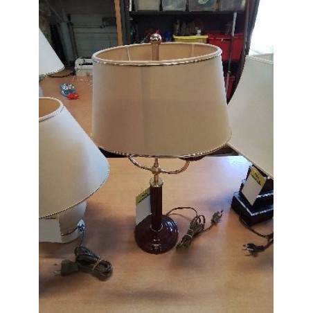 LAMPE COLONNE RESINE GRENAT ET LAITON AJ ECRU LISERÉ DORÉ 2 FEUX 