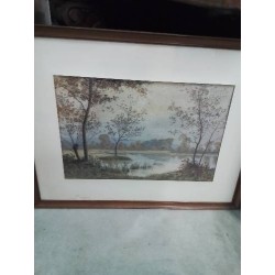 GRAVURE PAYSAGE BORD DE LAC
