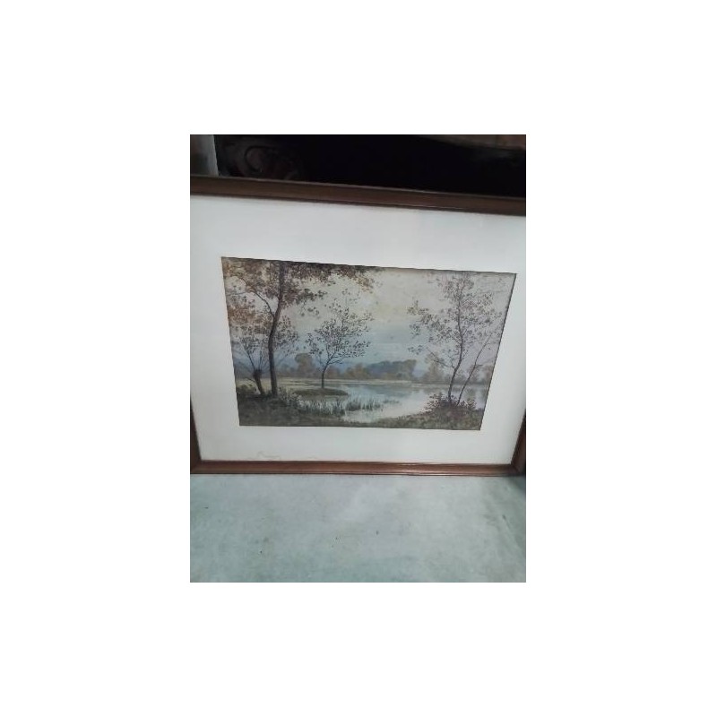 GRAVURE PAYSAGE BORD DE LAC