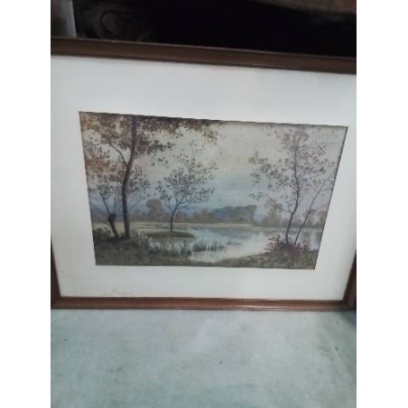 GRAVURE PAYSAGE BORD DE LAC
