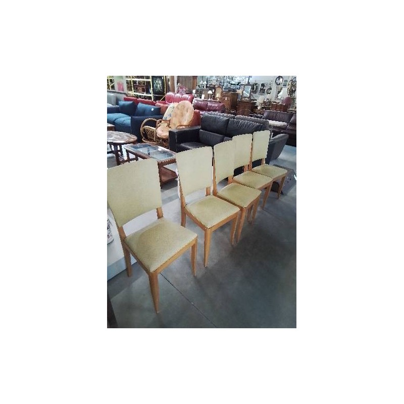 5 CHAISE BOIS CLAIR ASSISE ET DOSSIER CAPITONNÉ SKAÏ VERT ANNÉES 50