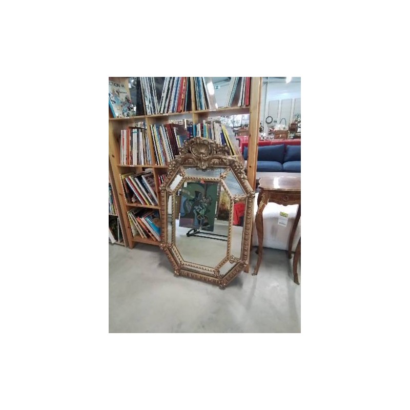 MIROIR A PARCLOSES NAPOLÉON III STYLE LOUIS XV BOIS ET STUC DORE