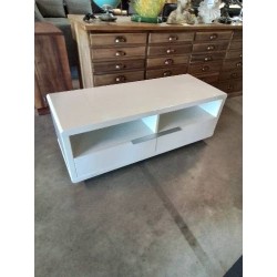 MEUBLE TV BAS BOIS BLANC LAQUÉ 2 NICHES 2 TIROIRS