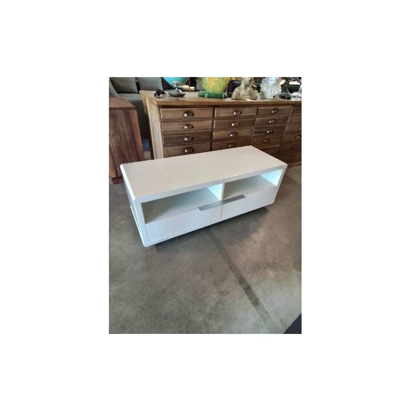 MEUBLE TV BAS BOIS BLANC LAQUÉ 2 NICHES 2 TIROIRS