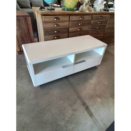 MEUBLE TV BAS BOIS BLANC LAQUÉ 2 NICHES 2 TIROIRS