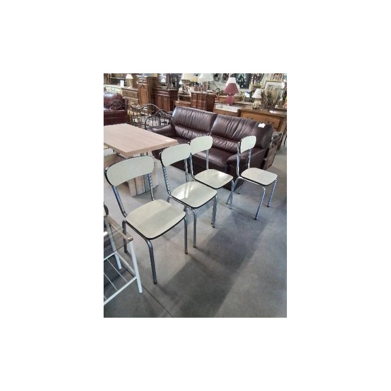 4 CHAISES PIÈTEMENT MÉTAL CHROMÉ ASSISE ET DOSSIER FORMICA JAUNE ANNÉES 60