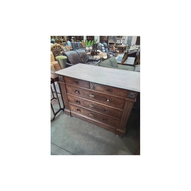 COMMODE NAPOLEON III ACAJOU 5 TIROIRS DESSUS MARBRE BLANC 