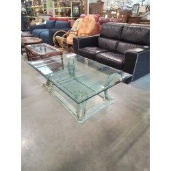 TABLE BASSE RECTANGULAIRE 2 NIVEAUX VERRE PIÈTEMENT BOIS VERT DÉCOR FEUILLES