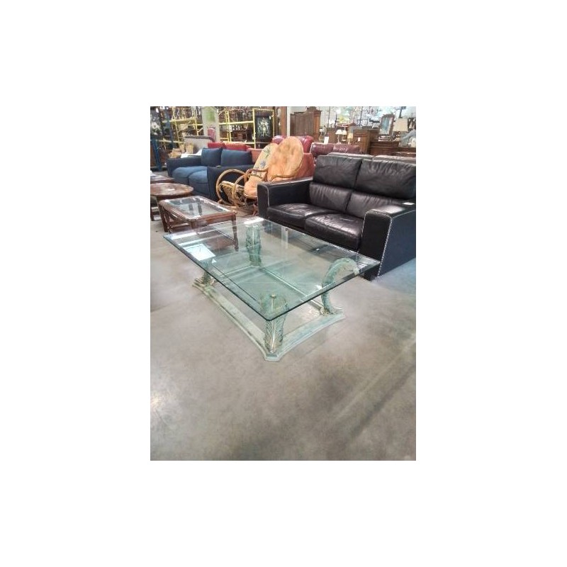 TABLE BASSE RECTANGULAIRE 2 NIVEAUX VERRE PIÈTEMENT BOIS VERT DÉCOR FEUILLES
