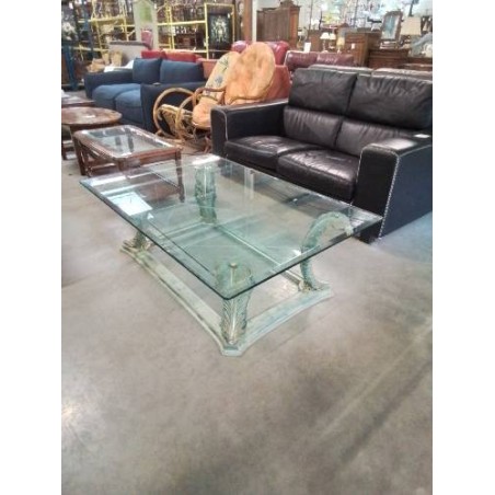TABLE BASSE RECTANGULAIRE 2 NIVEAUX VERRE PIÈTEMENT BOIS VERT DÉCOR FEUILLES