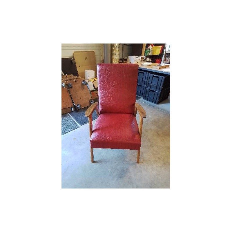 FAUTEUIL BOIS CLAIR CAPITONNÉ SKAÏ ROUGE ANNÉES 50