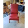 FAUTEUIL BOIS CLAIR CAPITONNÉ SKAÏ ROUGE ANNÉES 50