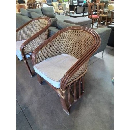 FAUTEUIL GONDOLE ROTIN ET VANNERIE ASSISE TISSU ECRU