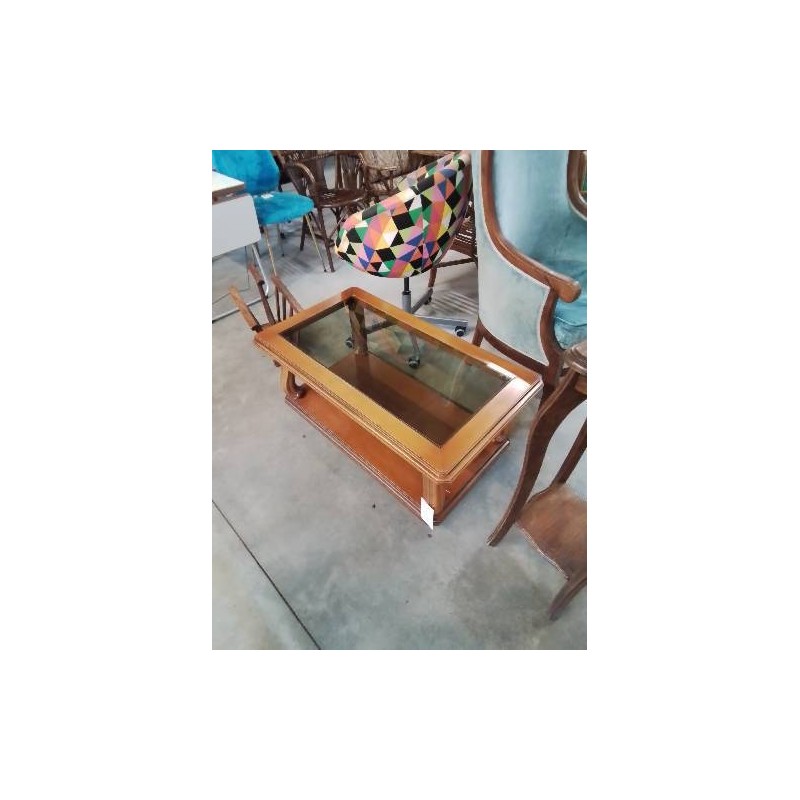 TABLE BASSE RECTANGULAIRE BOIS CLAIR 2 NIVEAUX DESSUS PLATEAU VERRE 