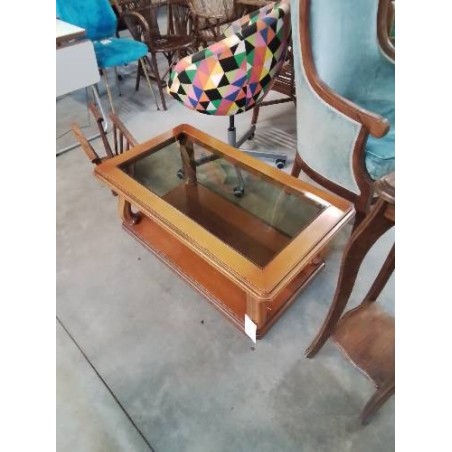TABLE BASSE RECTANGULAIRE BOIS CLAIR 2 NIVEAUX DESSUS PLATEAU VERRE 