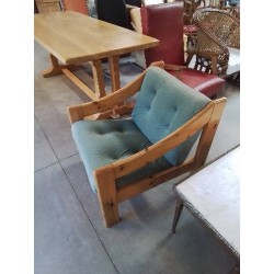 FAUTEUIL PIN ASSISE ET DOSSIER TISSU BLEU DOMINO DANEMARK ANNÉES 80