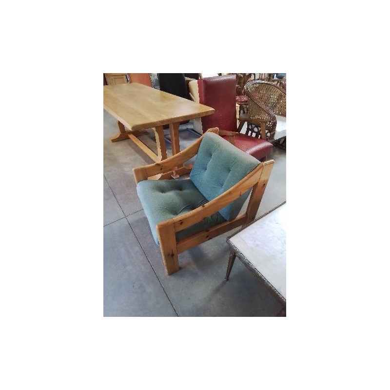 FAUTEUIL PIN ASSISE ET DOSSIER TISSU BLEU DOMINO DANEMARK ANNÉES 80