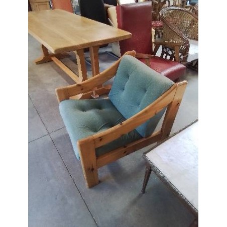 FAUTEUIL PIN ASSISE ET DOSSIER TISSU BLEU DOMINO DANEMARK ANNÉES 80