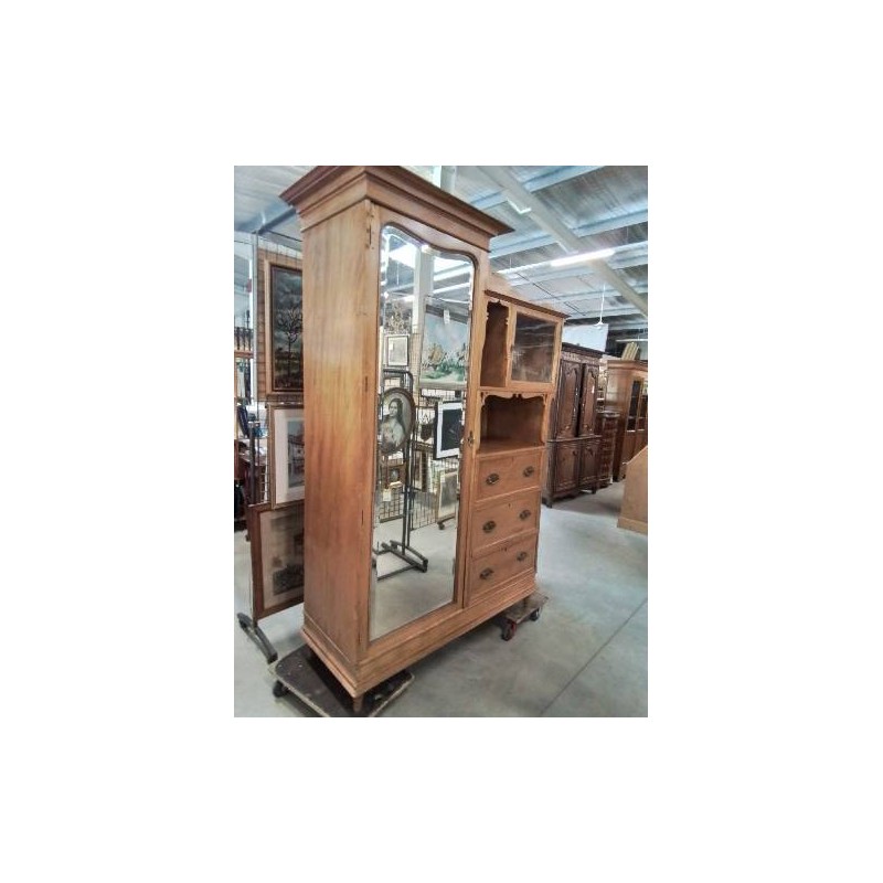ARMOIRE ART NOUVEAU BOIS CLAIR 2 PORTES VITRÉES 3 TIROIRS 1 NICHE