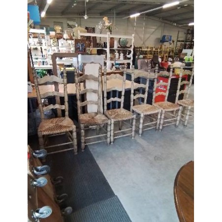 6 CHAISES PAYSANNE BOIS TOURNÉ ASSISE PAILLÉE HAUT DOSSIER MOUSTACHE 