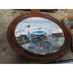 GRAVURE BARQUES A L ECHOUAGE CADRE OVALE BOIS MOULURÉ 