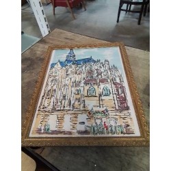 LITHOGRAPHIE LA COLLEGIALE D EU  36X49 CADRE BOIS DORE