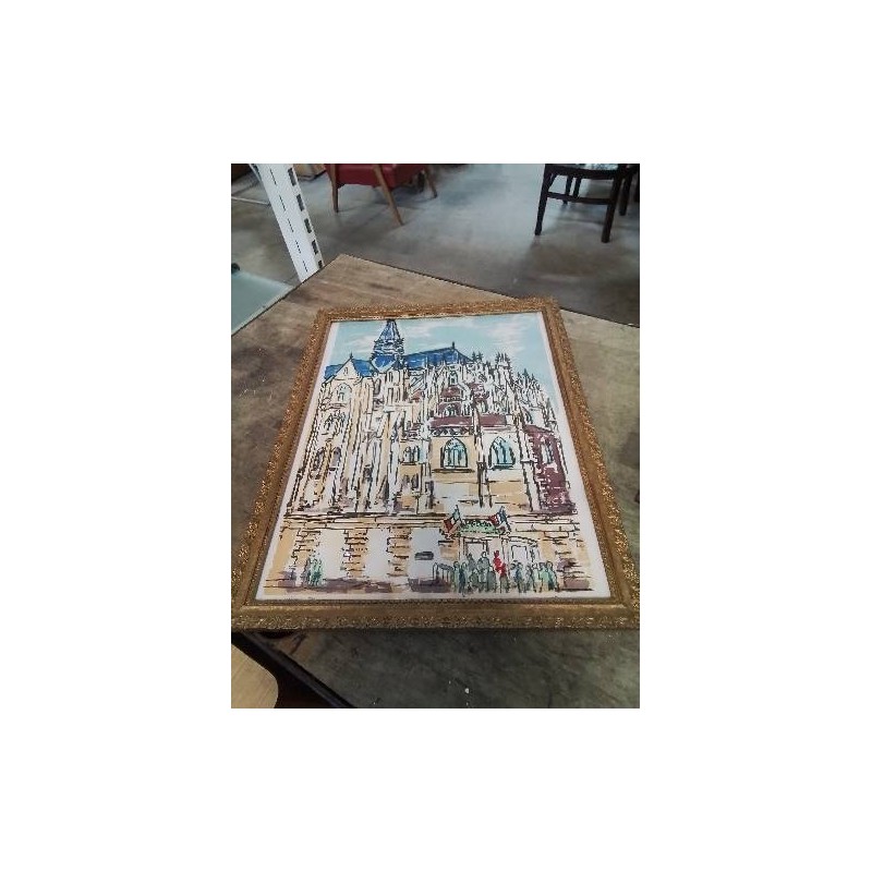 LITHOGRAPHIE LA COLLEGIALE D EU  36X49 CADRE BOIS DORE