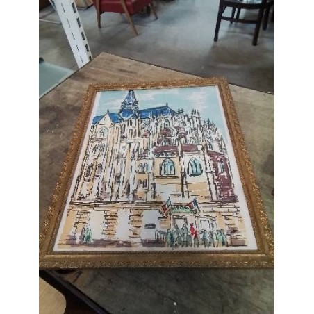 LITHOGRAPHIE LA COLLEGIALE D EU  36X49 CADRE BOIS DORE