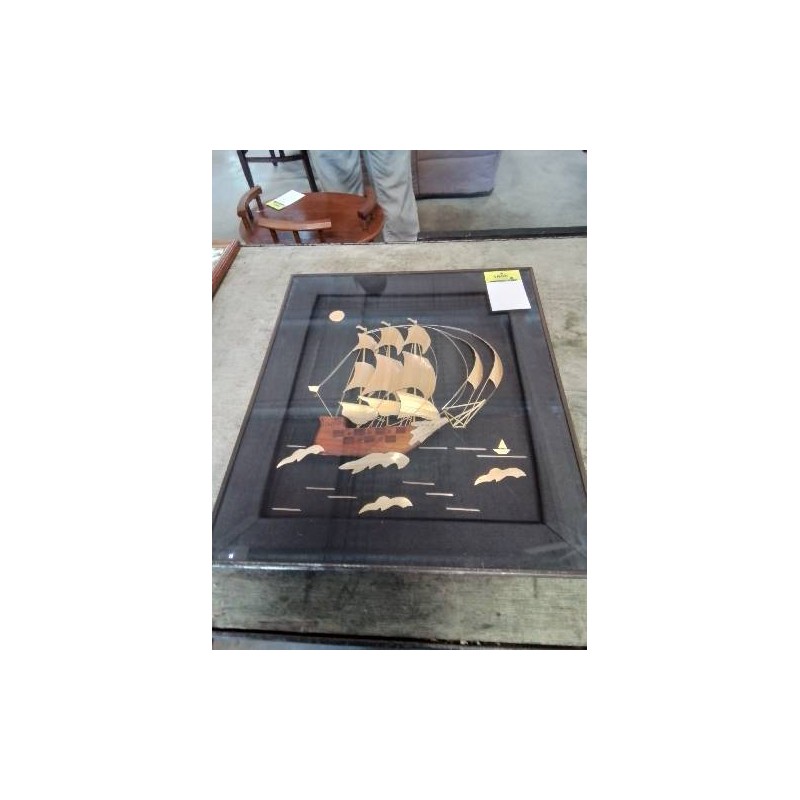 TABLEAU VOILIER BOIS ET PAILLE DE RIZ
