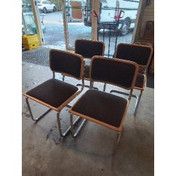 4 CHAISES PIÈTEMENT MÉTAL CHROMÉ ASSISE ET DOSSIER BOIS CLAIR CAPITONNÉ TISSU CHOCOLAT ITALIE