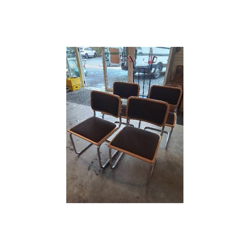 4 CHAISES PIÈTEMENT MÉTAL CHROMÉ ASSISE ET DOSSIER BOIS CLAIR CAPITONNÉ TISSU CHOCOLAT ITALIE