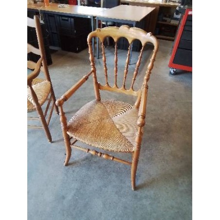 FAUTEUIL DE CHEMINÉE BOIS TOURNÉ PAILLÉ DOSSIER A BARREAUX VERTICAUX 