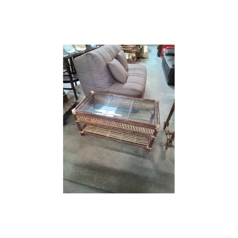 TABLE BASSE RECTANGULAIRE ROTIN ET VANNERIE PLATEAU VERRE