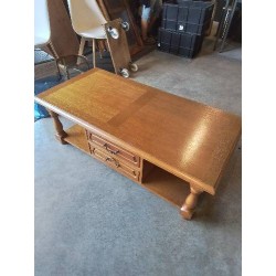 TABLE BASSE RECTANGULAIRE BOIS CLAIR A COLONNES 2 TIROIRS 