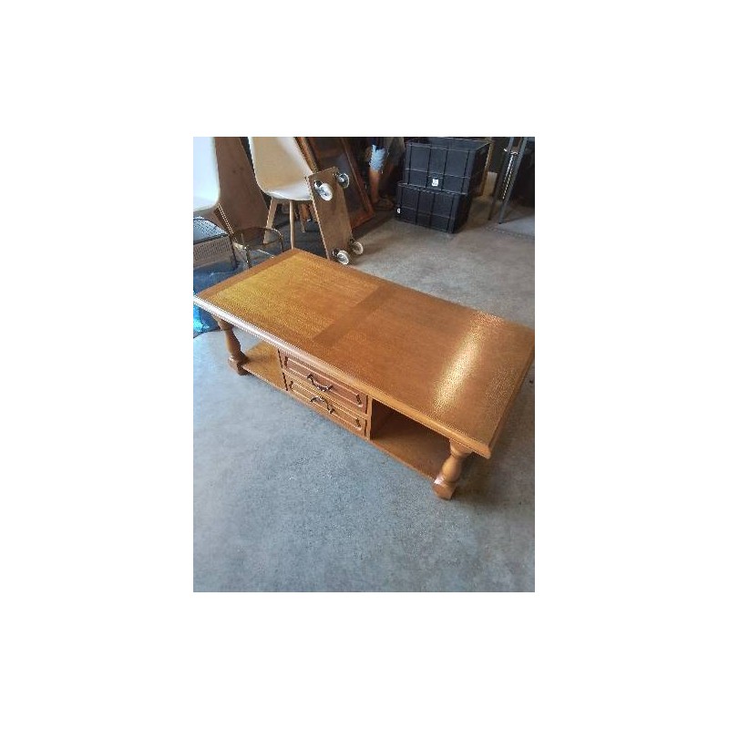 TABLE BASSE RECTANGULAIRE BOIS CLAIR A COLONNES 2 TIROIRS 