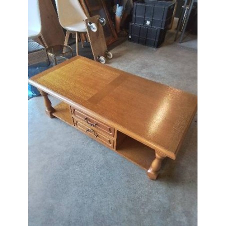 TABLE BASSE RECTANGULAIRE BOIS CLAIR A COLONNES 2 TIROIRS 