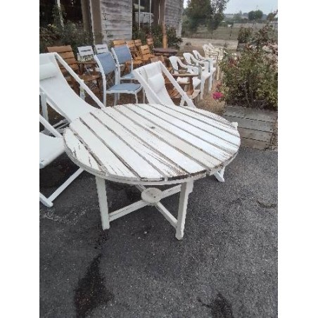 TABLE RONDE DE JARDIN PLIANTE BOIS BLANC SODIBOIS ANNÉES 70