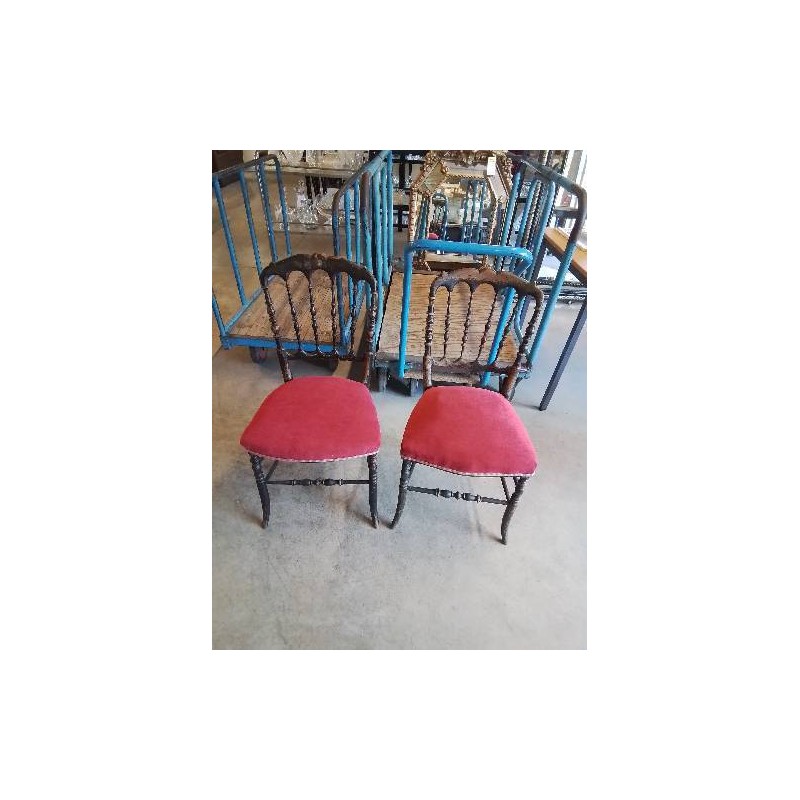 PAIRE DE CHAISES BOIS NOIRCI ASSISE TISSU ROUGE NAPOLÉON III 
