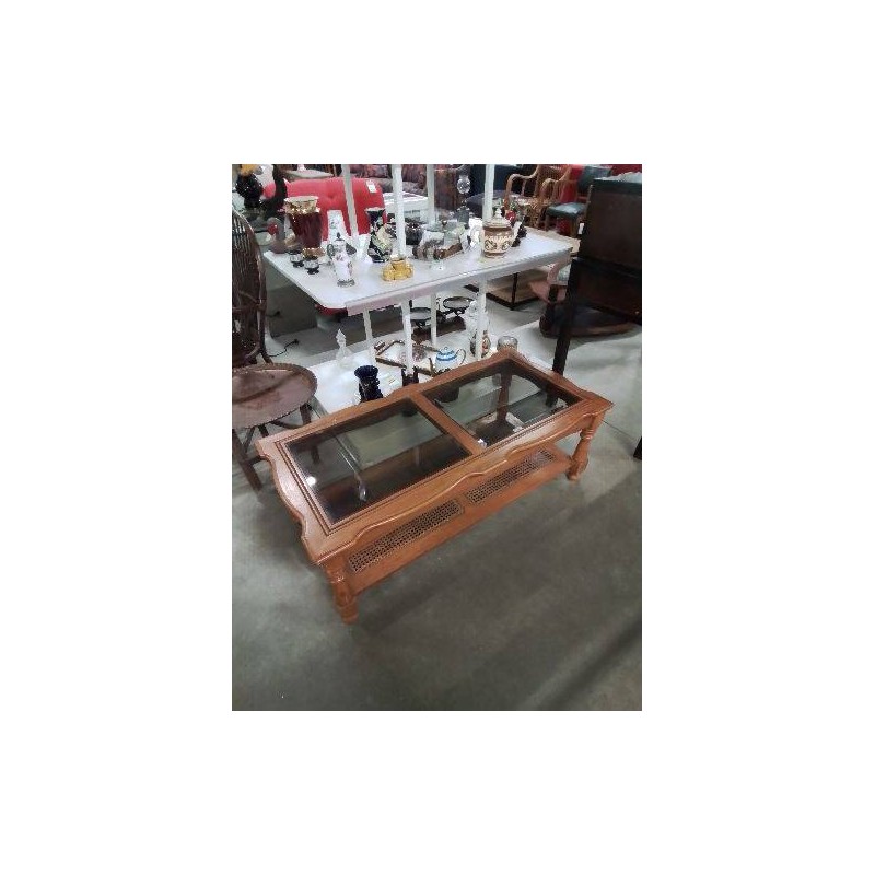 TABLE BASSE RECTANGULAIRE CHANTOURNÉ 2 PLATEAUX  VERRE ET CANNAGE
