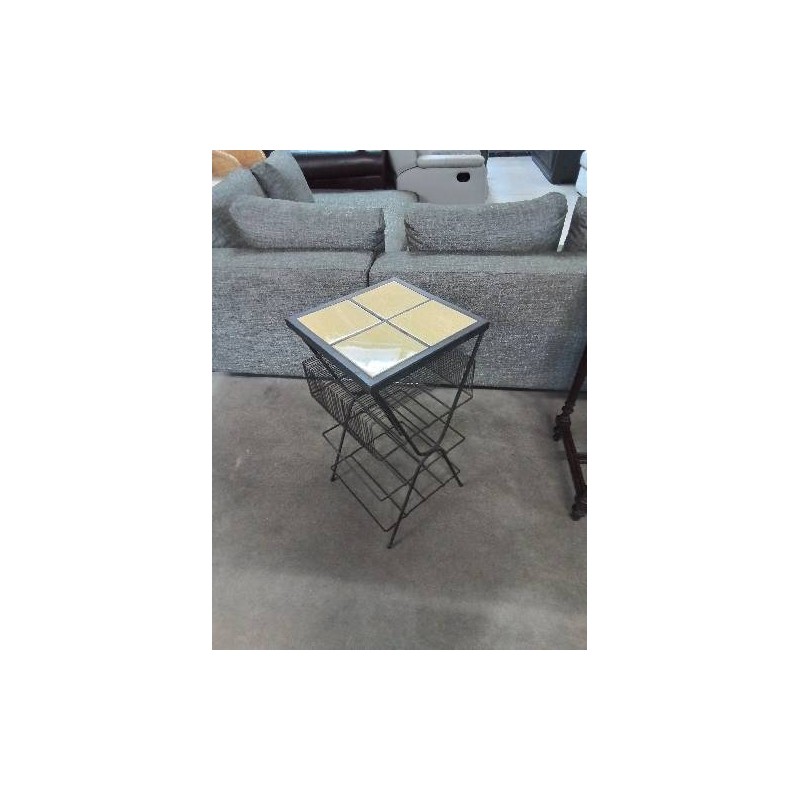 CONSOLE RANGE VINYLE FER FORGÉ NOIR DESSUS CARRELÉ JAUNE ANNÉES 50