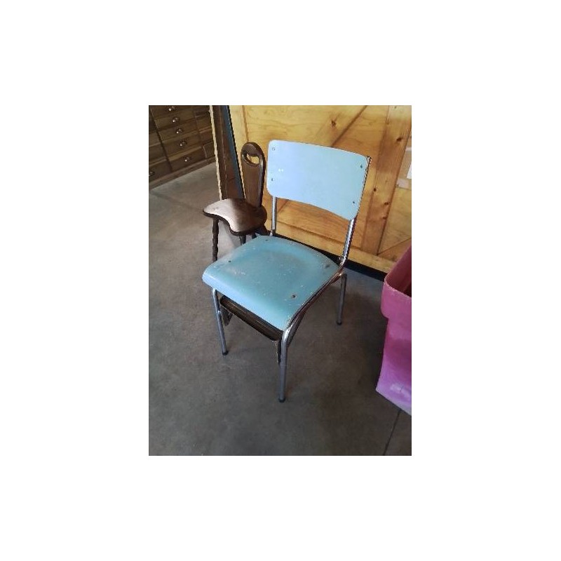 CHAISE ESCABEAU PLIANT MÉTAL CHROMÉ ET BOIS BLEU ANNÉES 60